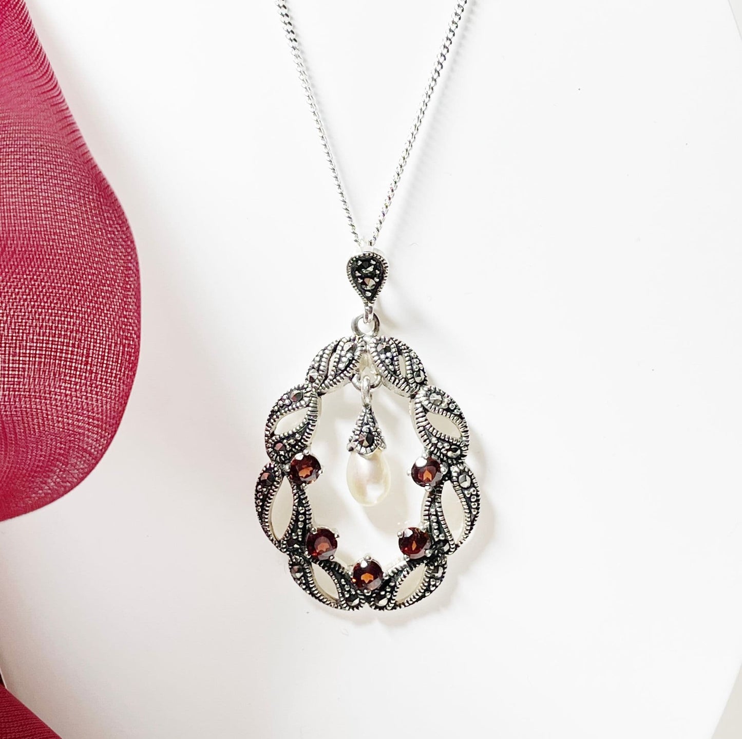 Garnet pearl and marcasite oval sterling silver red brown necklace