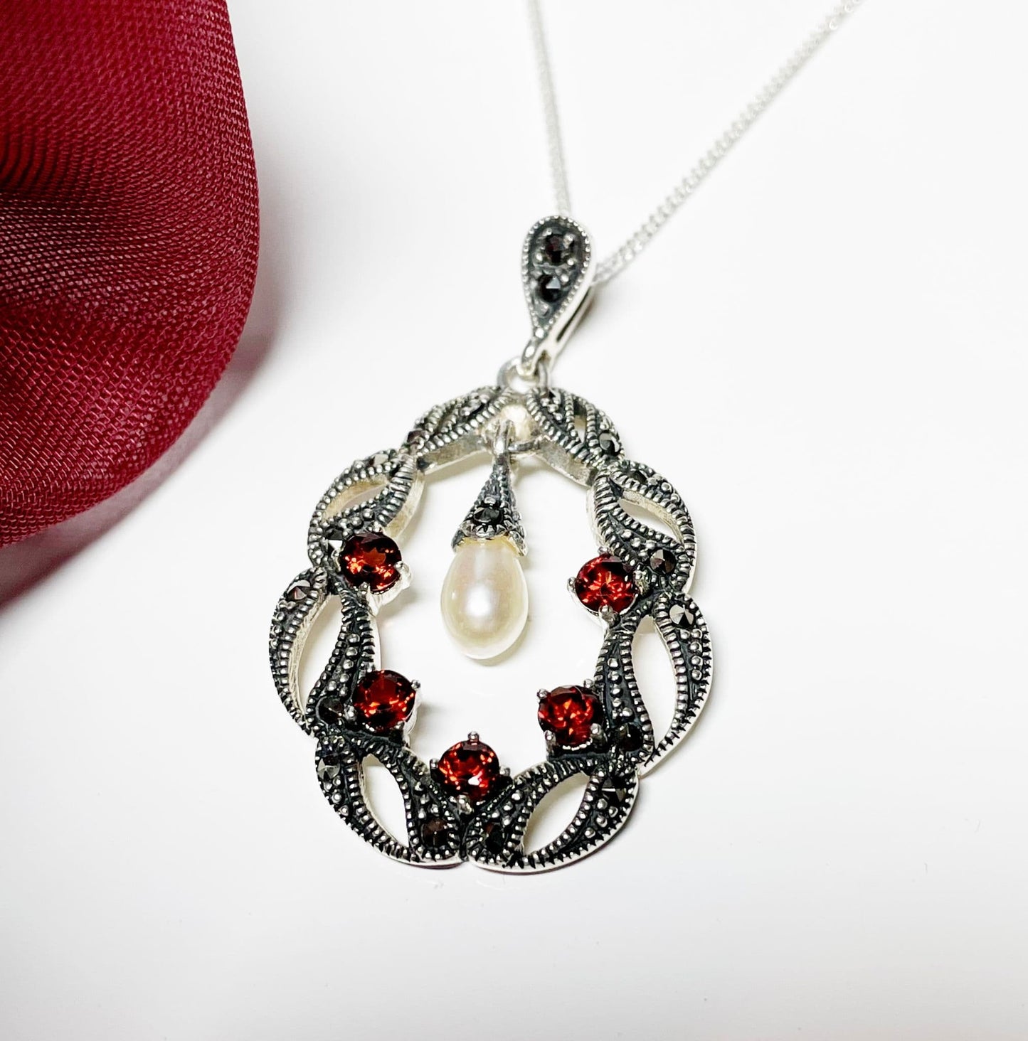 Garnet pearl and marcasite oval sterling silver red brown necklace