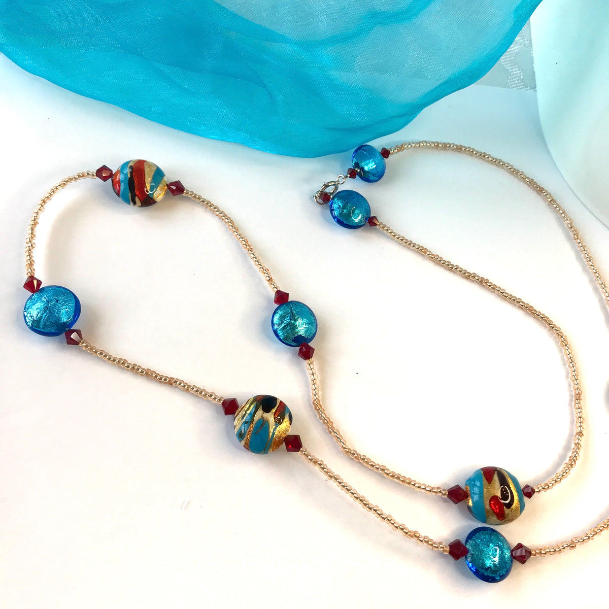 Beautiful blue red beaded real Murano glass necklace