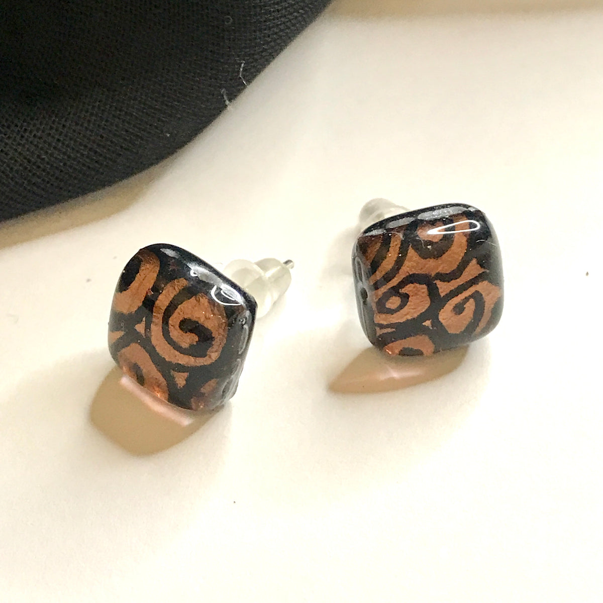 Gold and black square stud Real Genuine Murano glass stud earrings