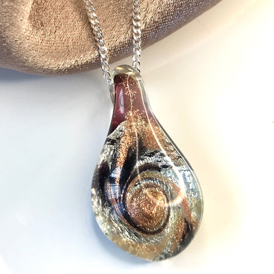 Gold brown real Murano glass tear drop necklace pendant