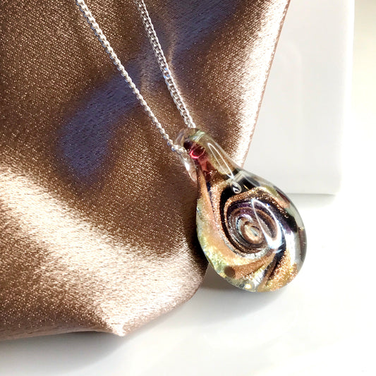 Gold brown copper black real Murano glass tear drop necklace pendant