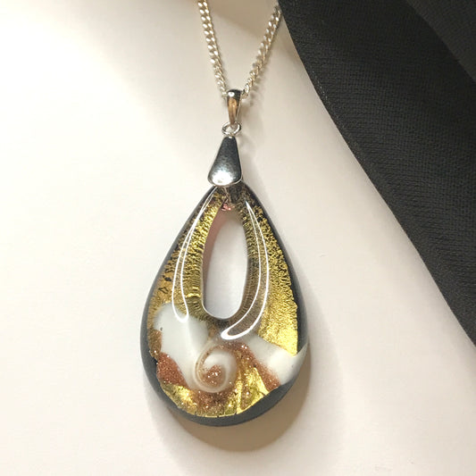 Golden Real Murano glass necklace rose design tear drop pendant sterling silver