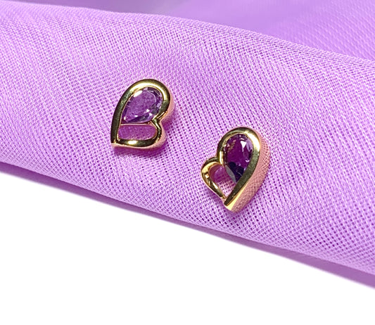Real purple amethyst heart shaped stud earrings sterling silver gilt
