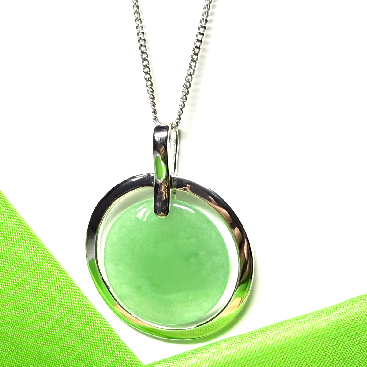 Large necklace sterling silver round shaped green real jade halo styled pendant curb chain included