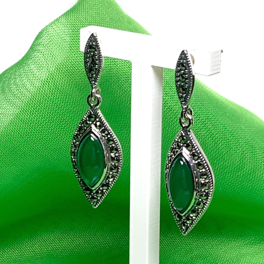 Green Agate And Marcasite Drop Shaped Earrings Sterling Silver