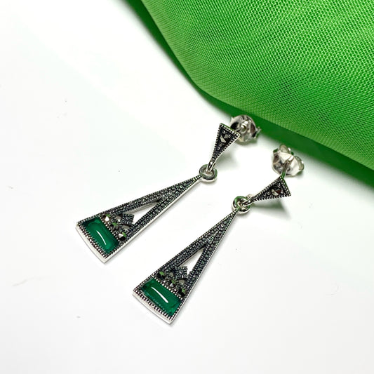 Green Agate And Marcasite Drop Kite Shaped Earrings Sterling Silver