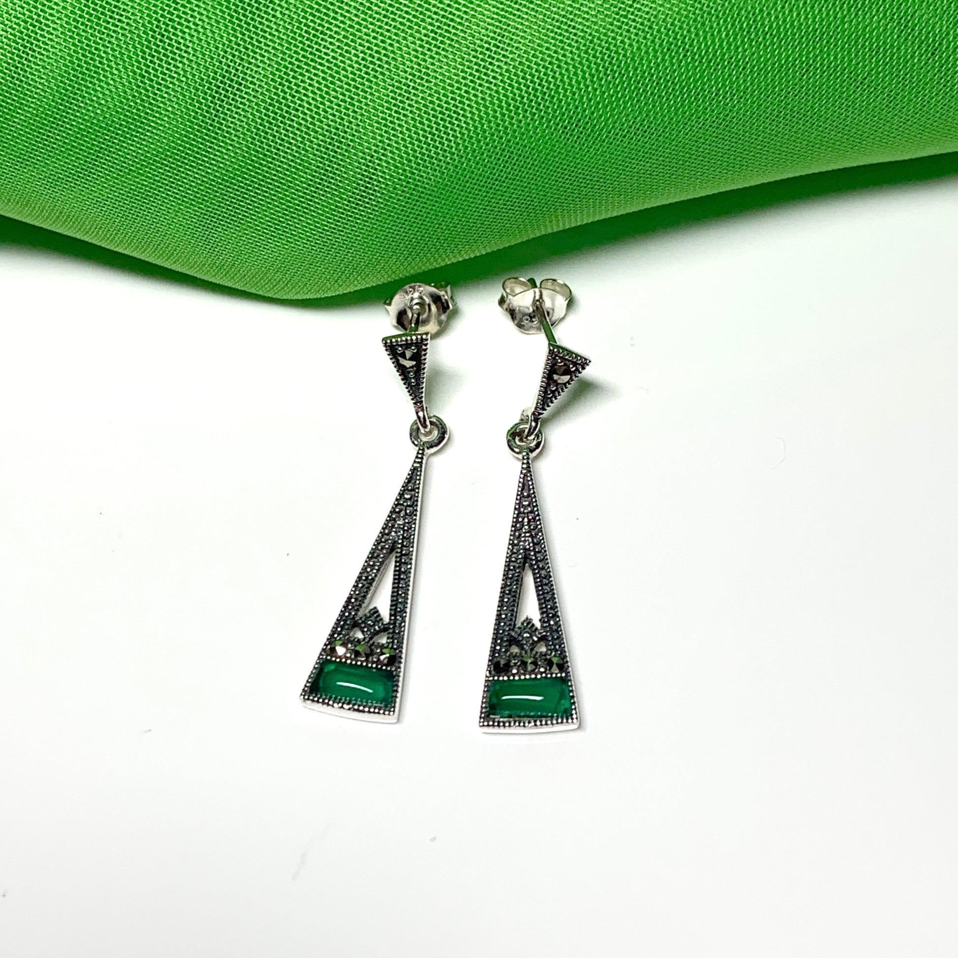 Green Agate And Marcasite Drop Kite Shaped Earrings Sterling Silver