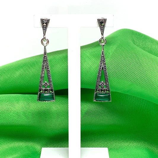 Green Agate And Marcasite Drop Kite Shaped Earrings Sterling Silver