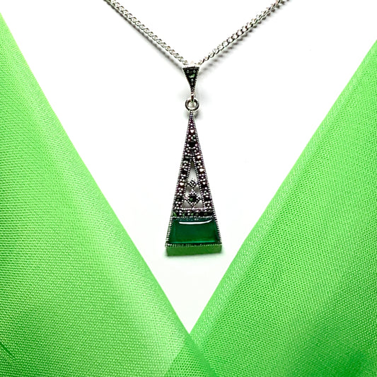 Green Agate And Marcasite Drop Kite Shaped Necklace Pendant Sterling Silver