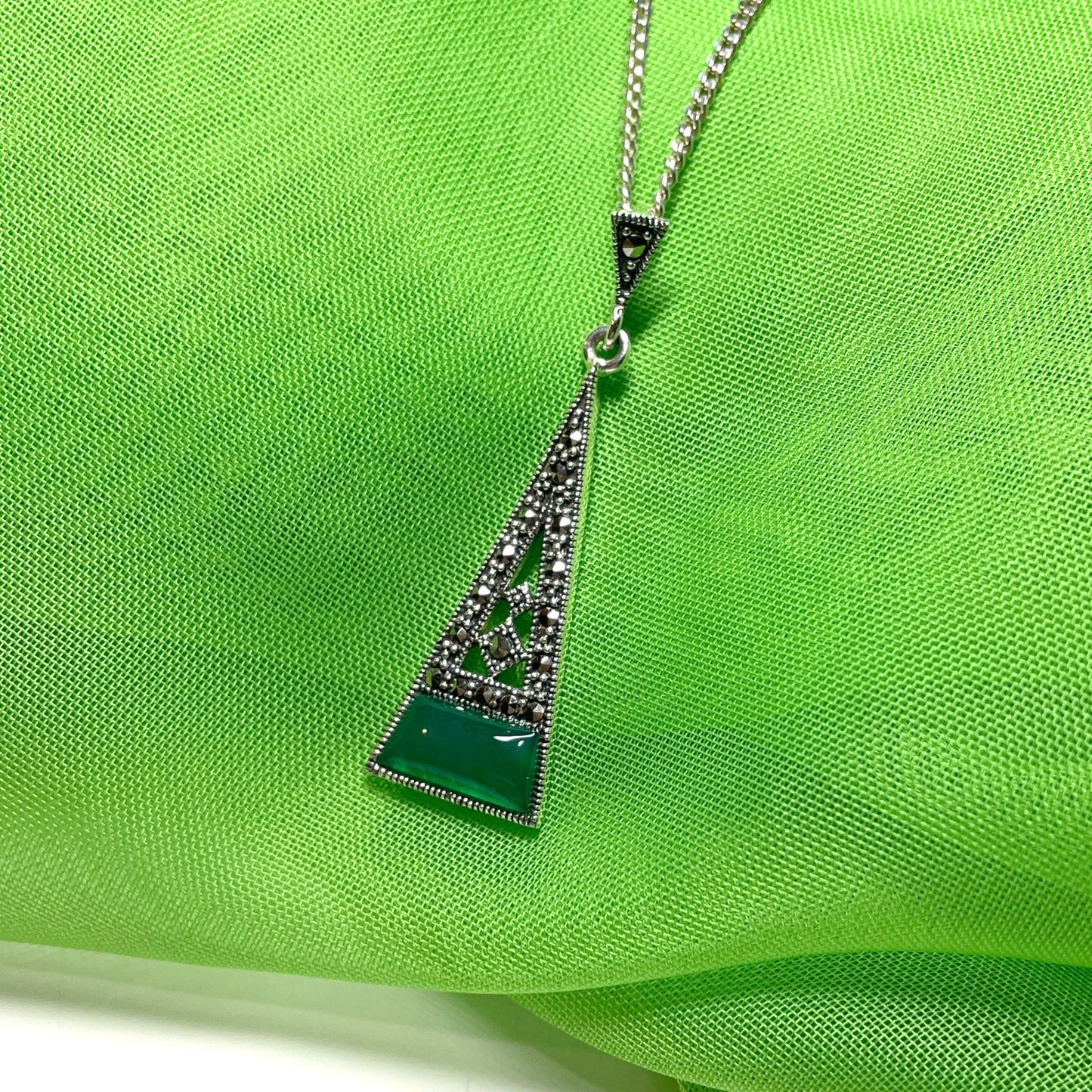 Real green agate necklace pendant with real marcasite stones made in sterling silver and coming on a solid curb chain