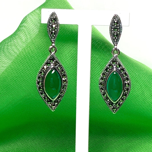 Green Agate And Marcasite Drop Shaped Earrings Sterling Silver