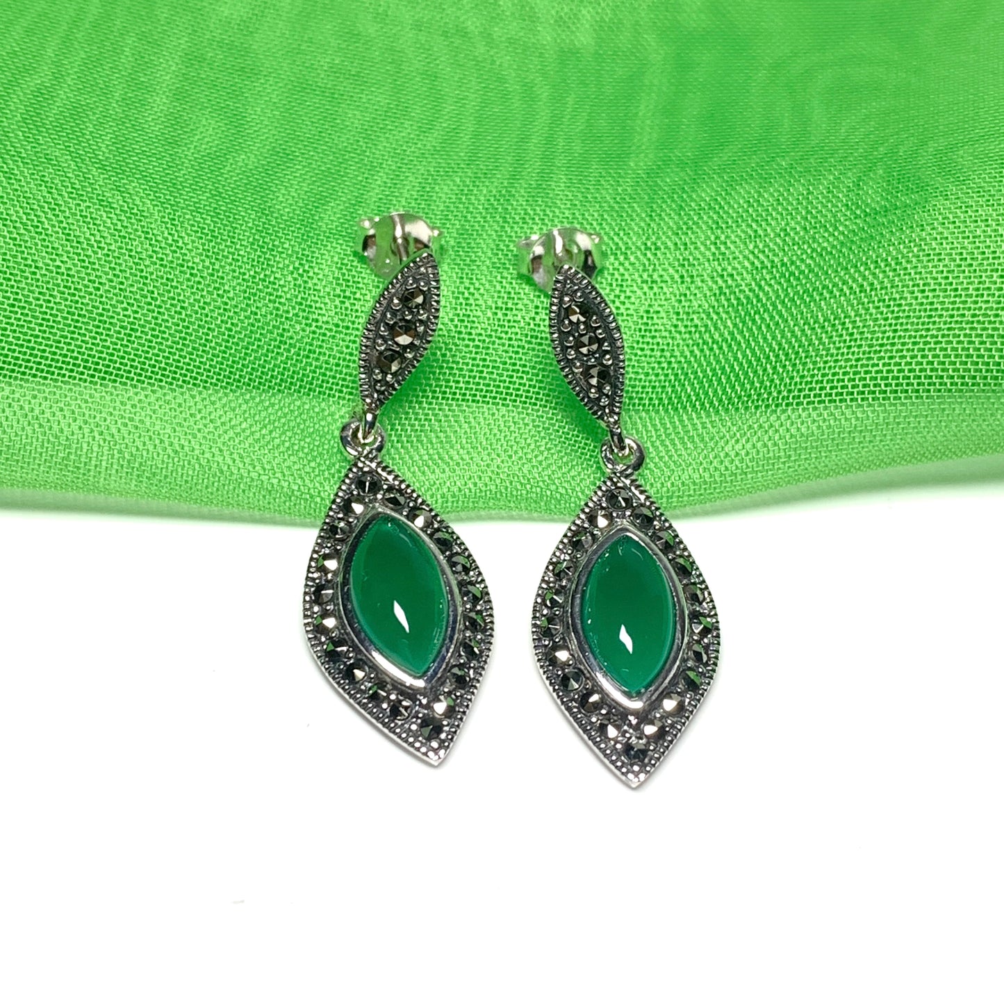 Green Agate And Marcasite Drop Shaped Earrings Sterling Silver