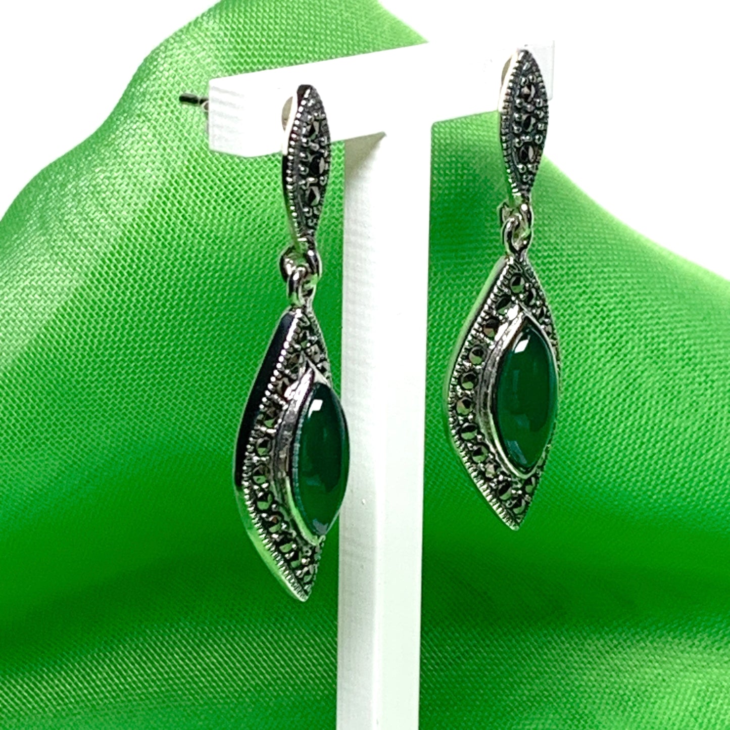 Green Agate And Marcasite Drop Shaped Earrings Sterling Silver