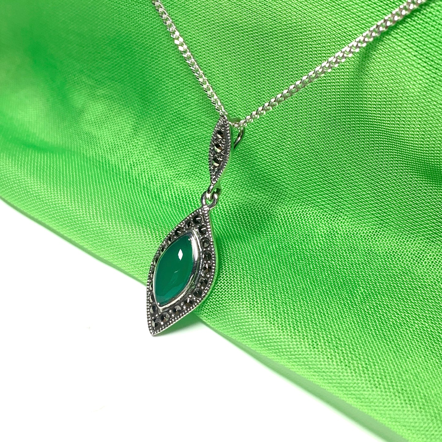 Green Agate And Marcasite Drop Shaped Necklace Sterling Silver