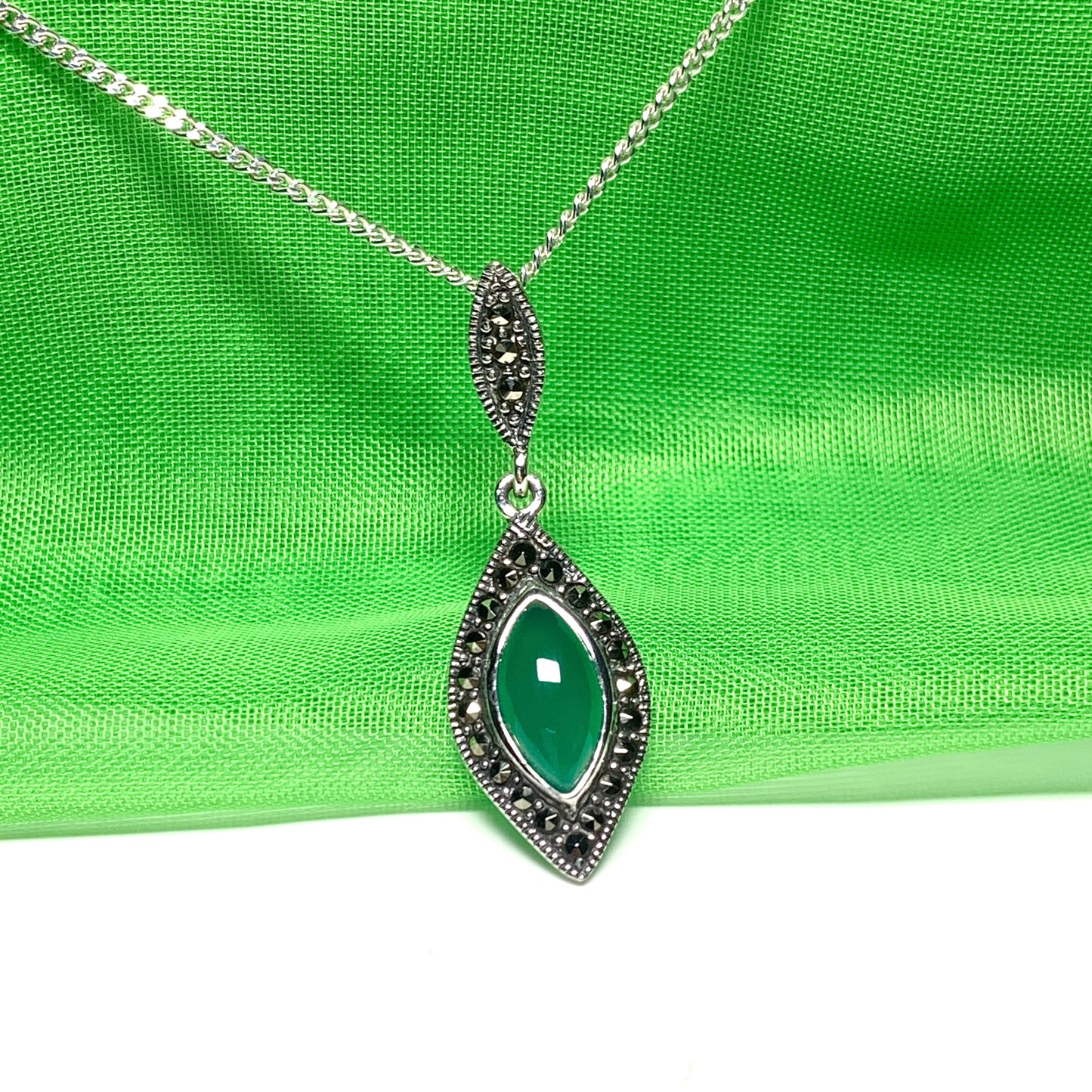 Green Agate And Marcasite Drop Shaped Necklace Sterling Silver
