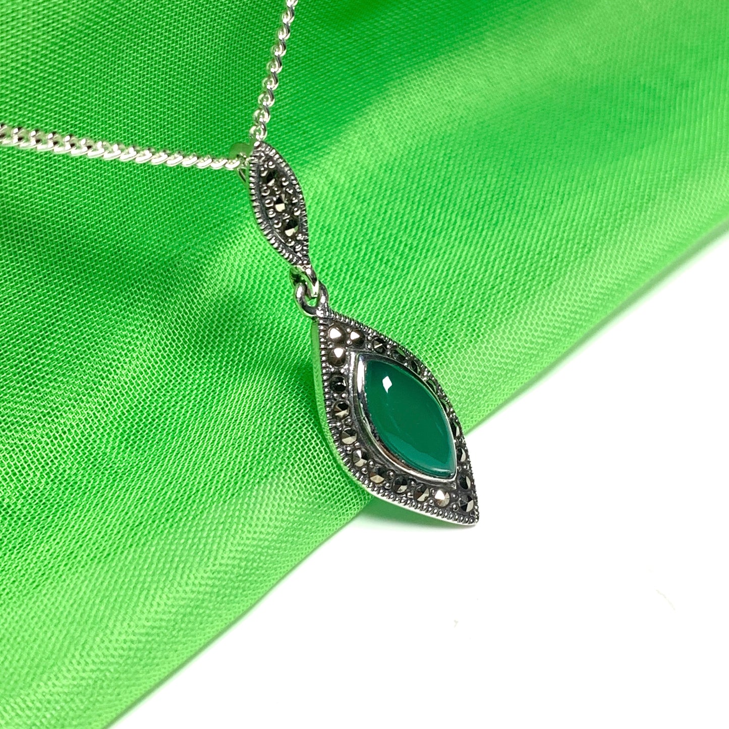 Green Agate And Marcasite Drop Shaped Necklace Sterling Silver