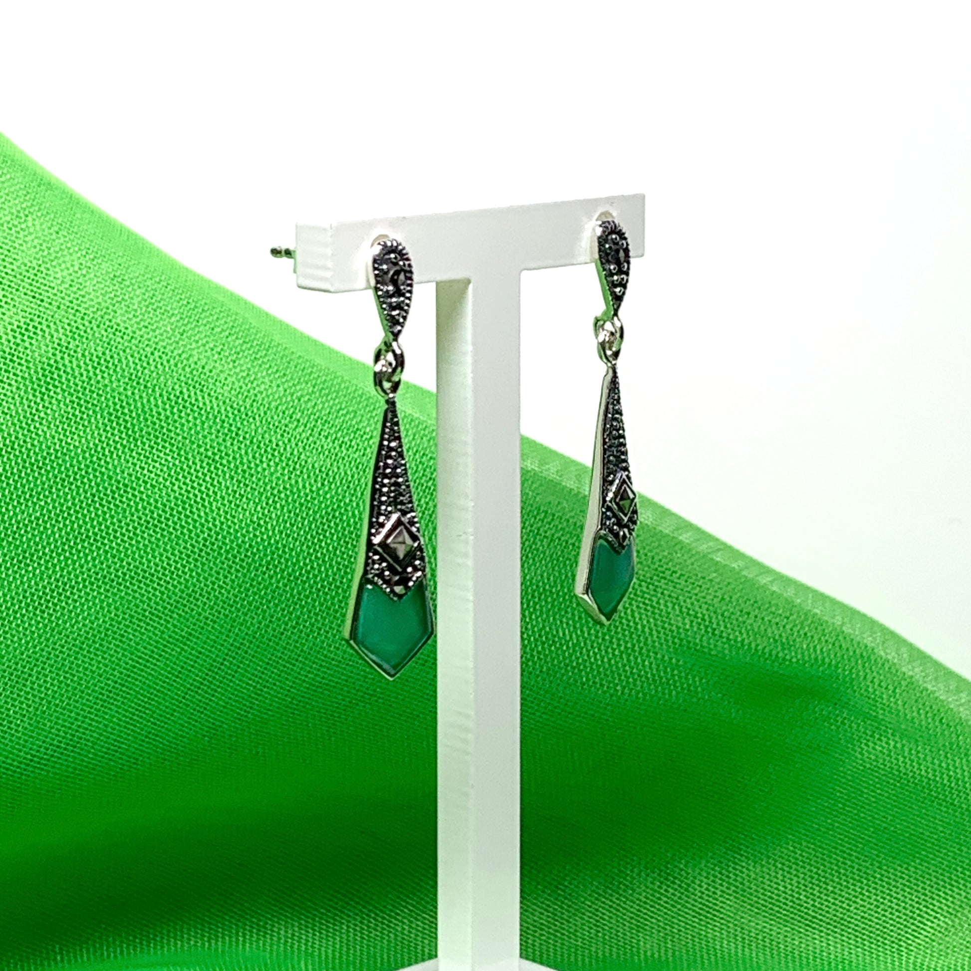 Green Agate And Marcasite Long Drop Kite Shaped Earrings Sterling Silver