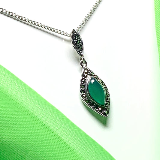 Green Agate And Marcasite Drop Shaped Necklace Sterling Silver