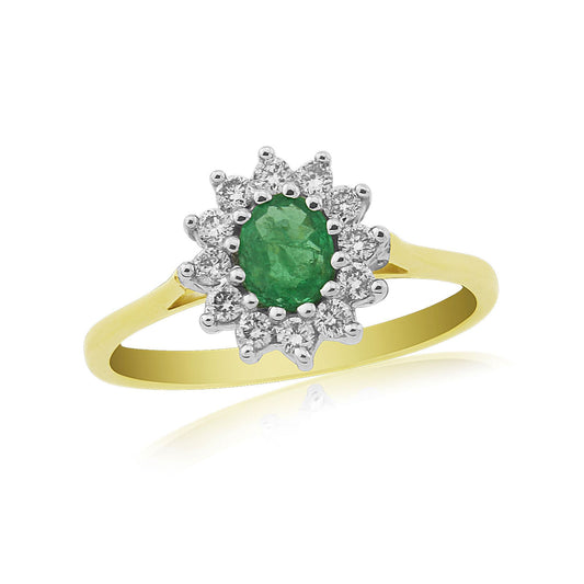 Green Emerald And Diamond Gold Oval Cluster Ring