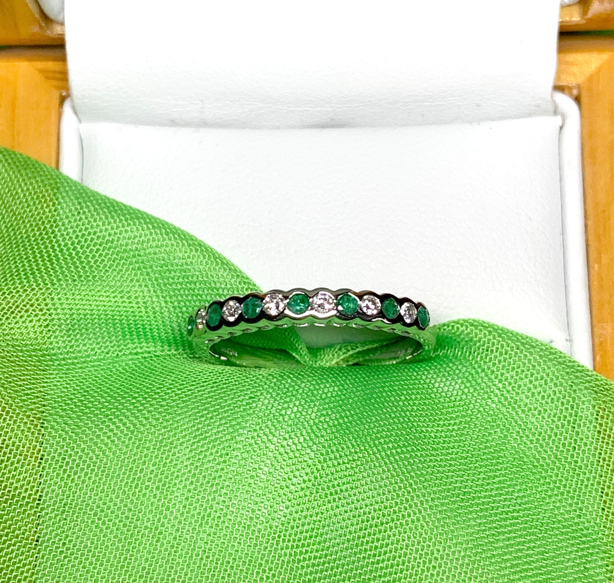 Real Green Emerald And Diamond Smooth Rubbed Over Eternity Ring White Gold
