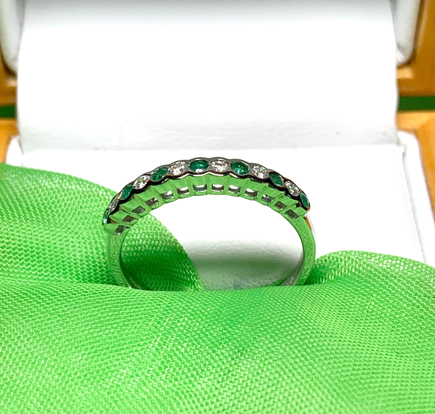 Real Green Emerald And Diamond Smooth Rubbed Over Eternity Ring White Gold