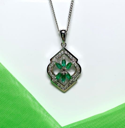 Green Emerald And Diamond White Gold Fancy Cluster Necklace
