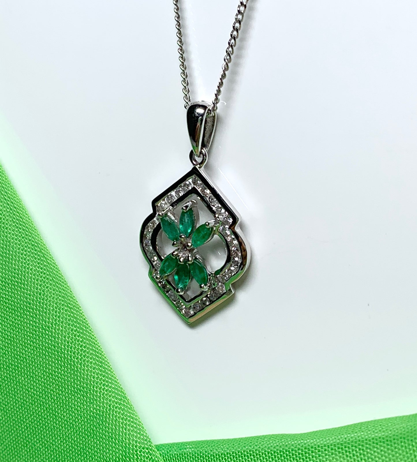 Green Emerald And Diamond White Gold Fancy Cluster Necklace