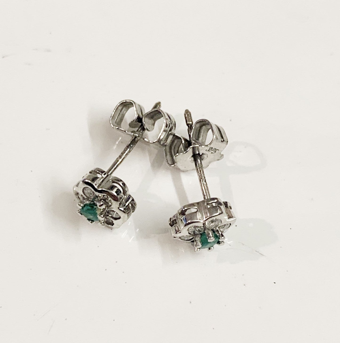 Real emerald and diamond stud earrings white gold round daisy cluster