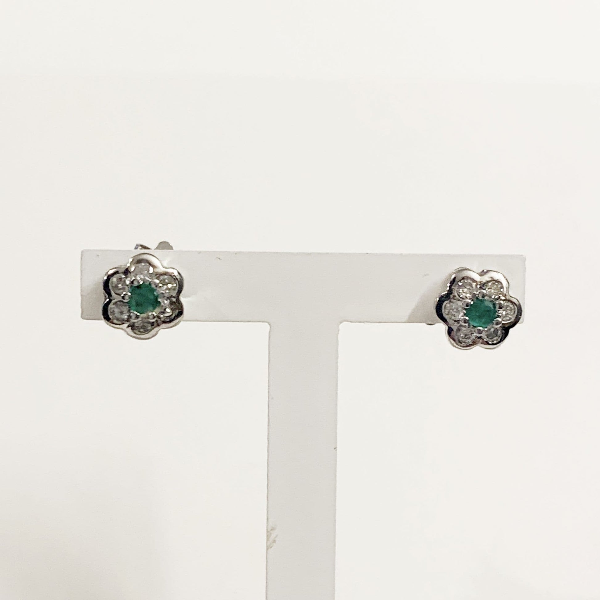 Real emerald and diamond stud earrings white gold round daisy cluster