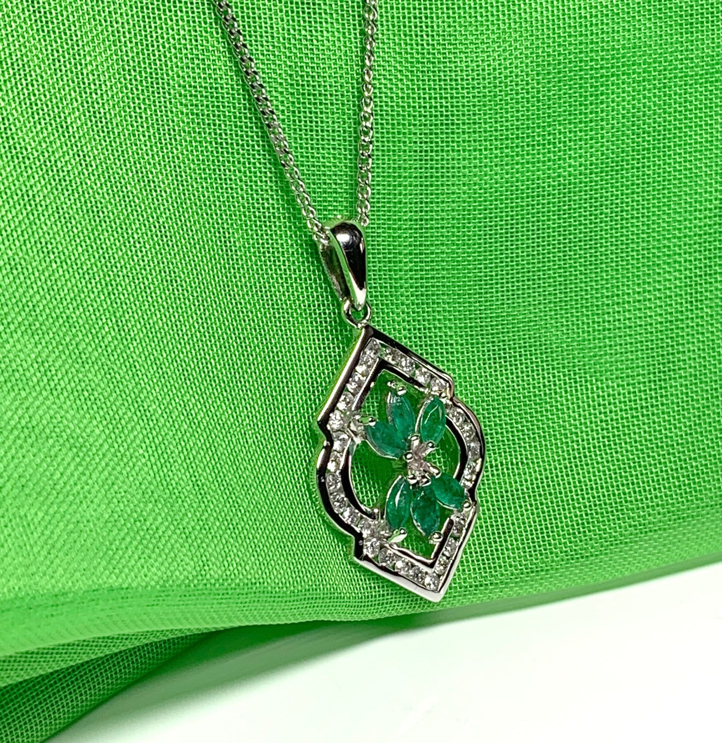 Green Emerald And Diamond White Gold Fancy Cluster Necklace