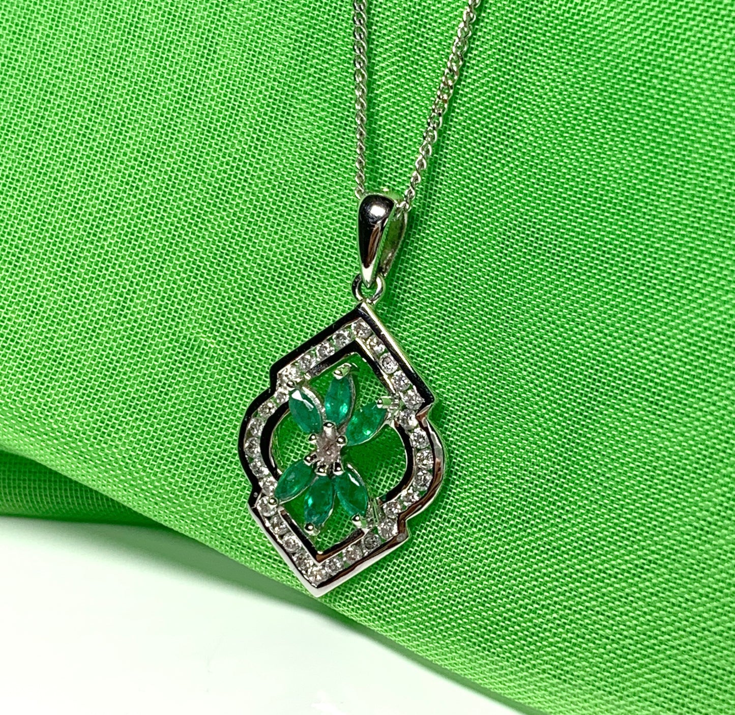 Green Emerald And Diamond White Gold Fancy Cluster Necklace
