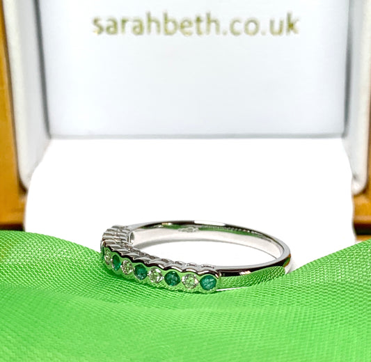 Real Green Emerald And Diamond Smooth Rubbed Over Eternity Ring White Gold