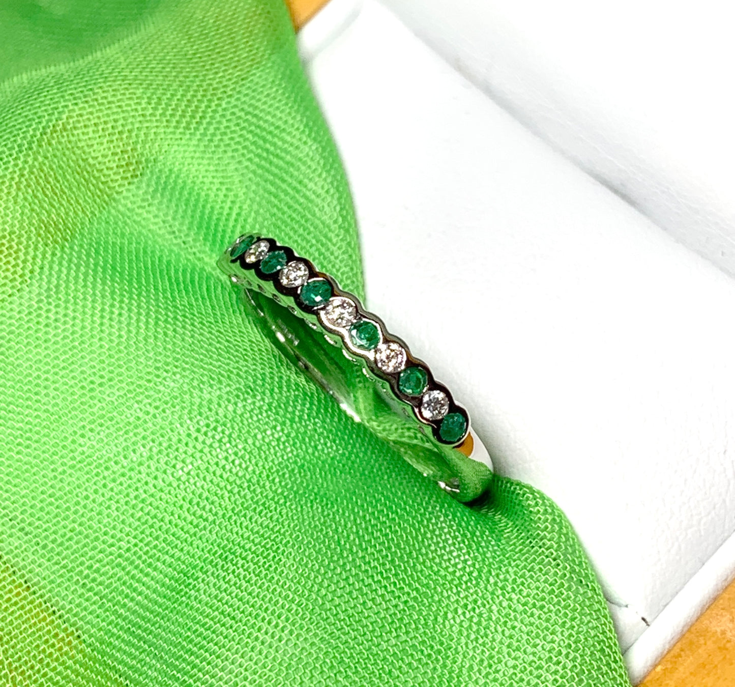 Real Green Emerald And Diamond Smooth Rubbed Over Eternity Ring White Gold