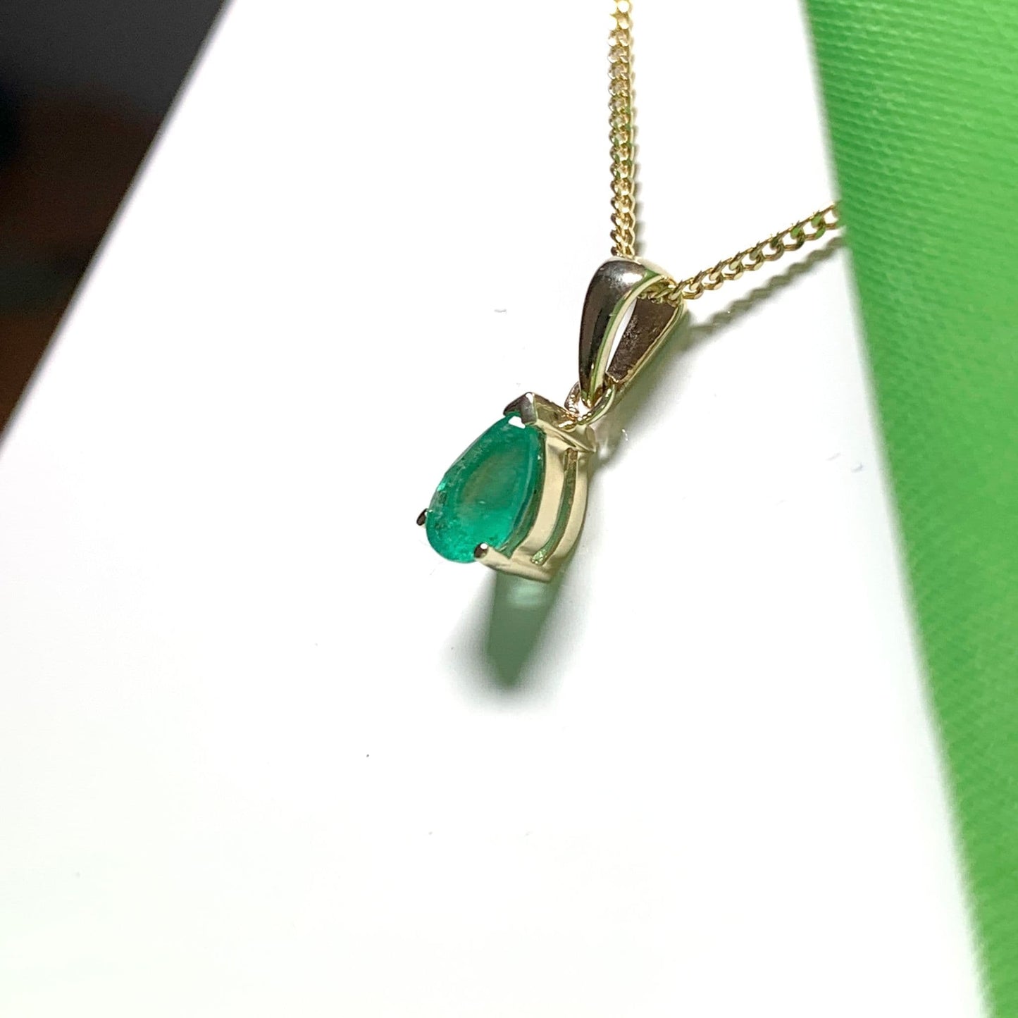 Real green emerald necklace teardrop gold pendant