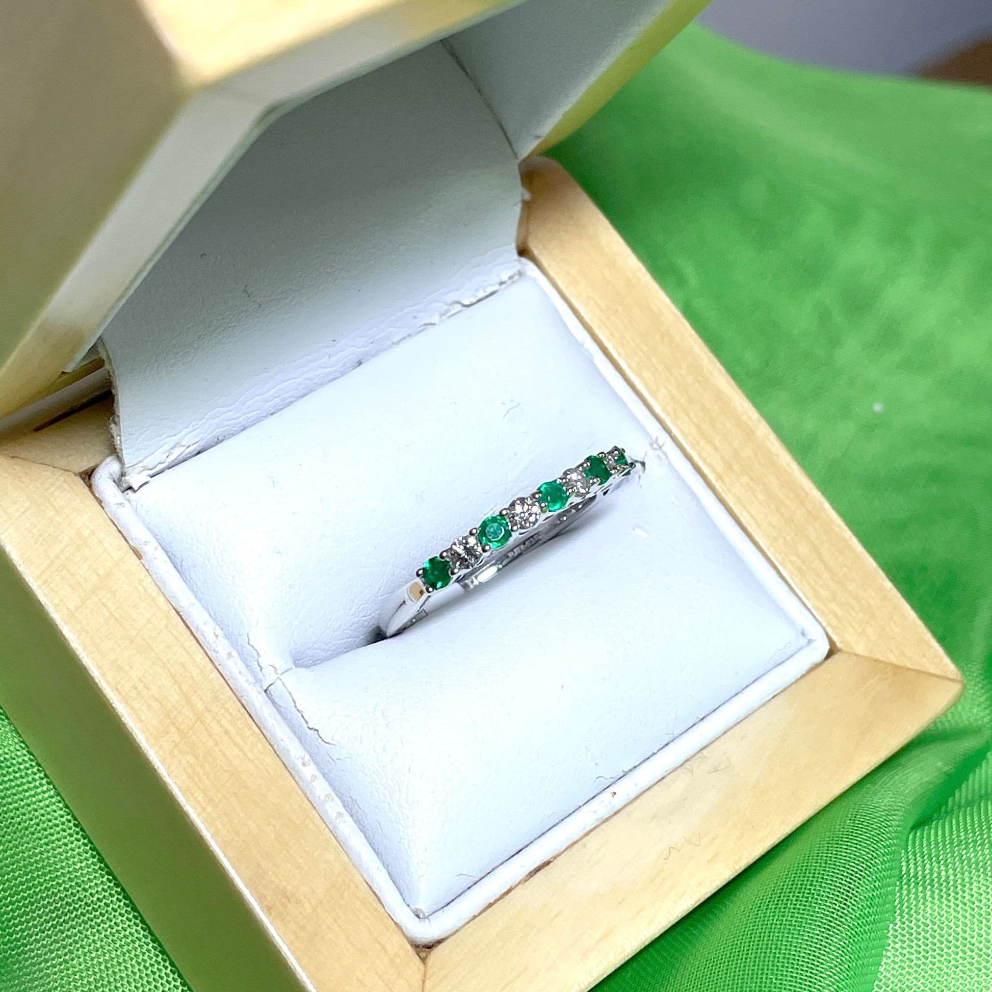 Green Emerald and Diamond Eternity Ring White Gold