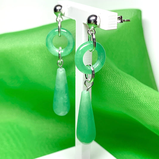 Green Jade Silver Round And Teardrop Sterling Silver Drop Earrings