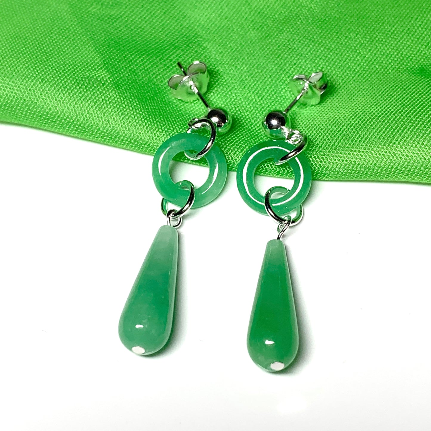 Green Jade Silver Round And Teardrop Sterling Silver Drop Earrings