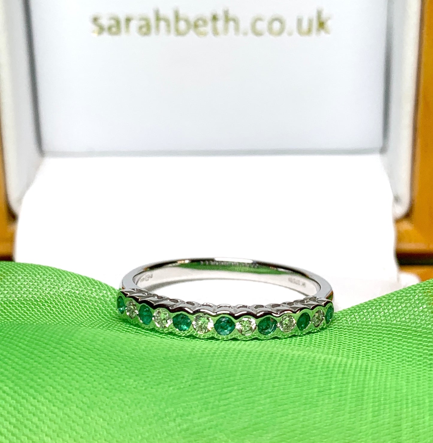 Real Green Emerald And Diamond Smooth Rubbed Over Eternity Ring White Gold