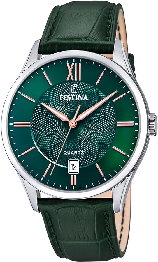 Green Festina watch mens round green leather strap F20426/7