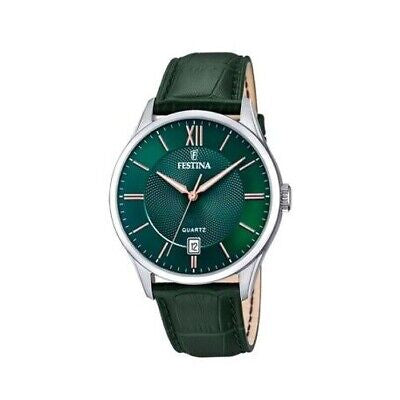 Green Festina watch mens round green leather strap F20426/7
