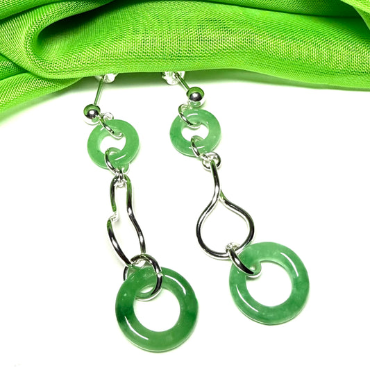 Green Jade Round Sterling Silver Double Drop Earrings