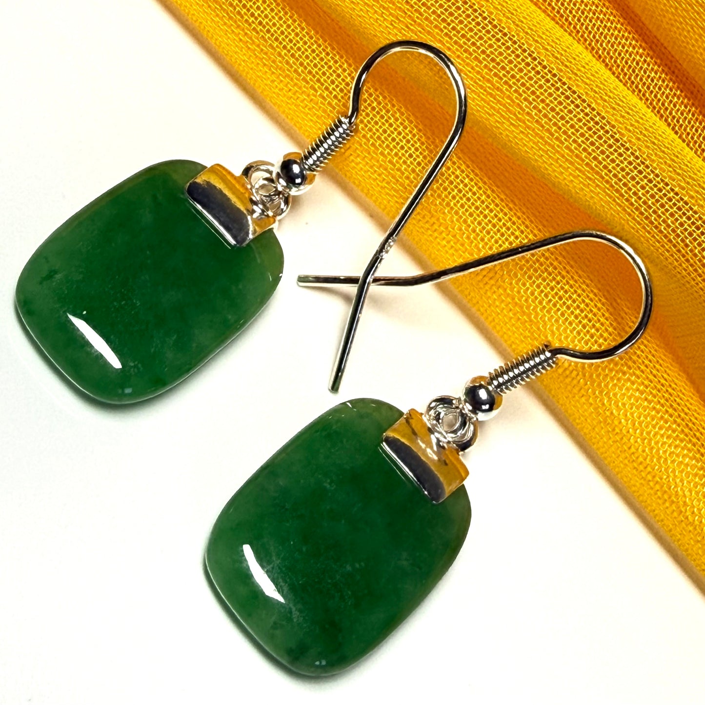 Green Jade Silver Cushion Shaped Drop Earrings