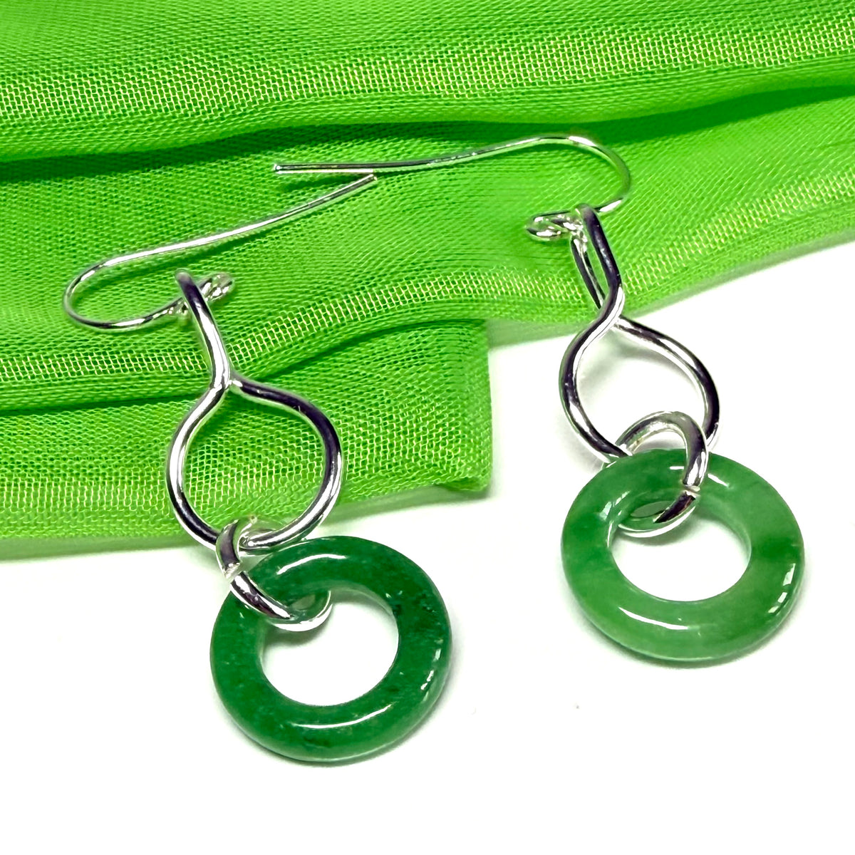 Green Jade Silver Round Double Drop Earrings