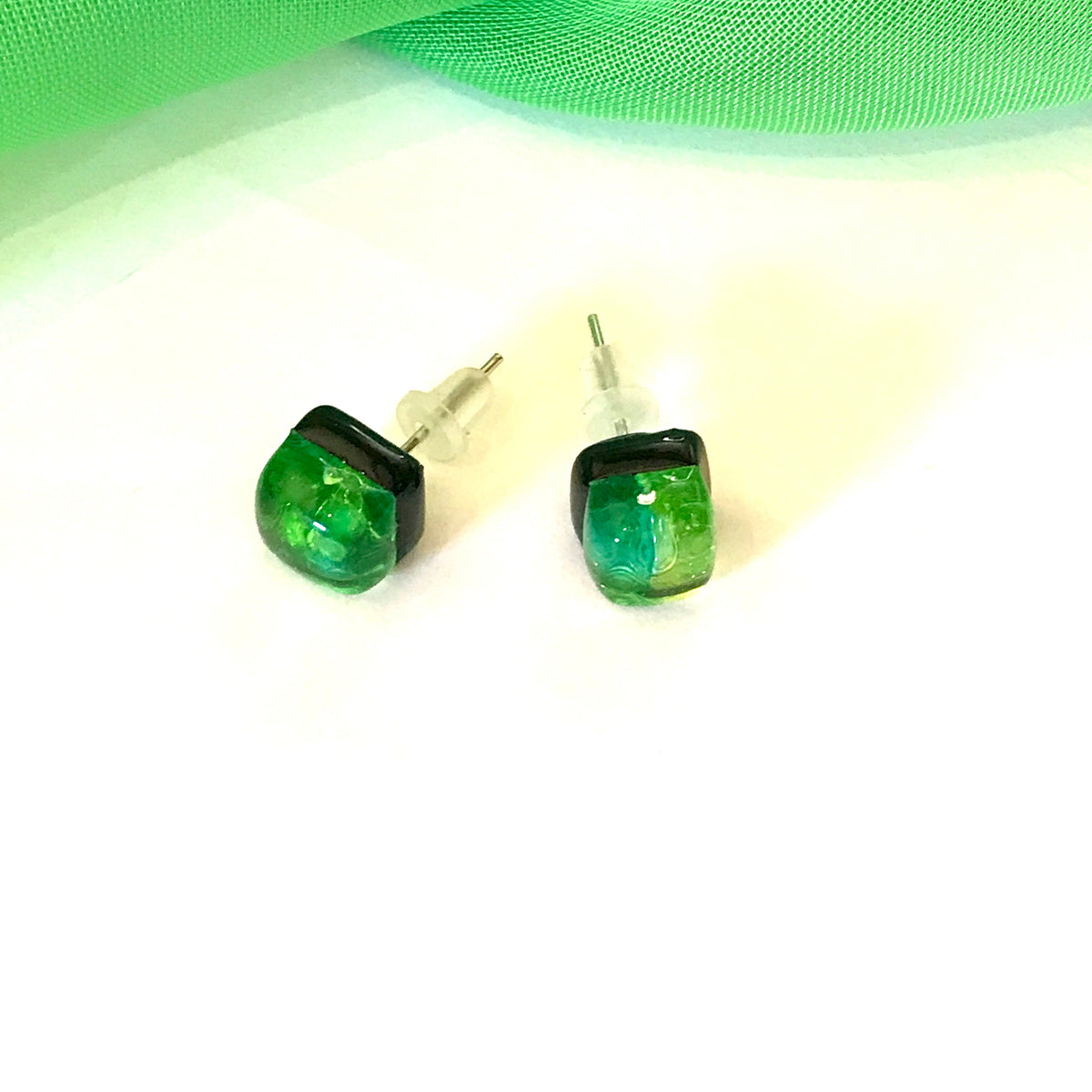 Green Real Murano Glass Square Stud Earrings