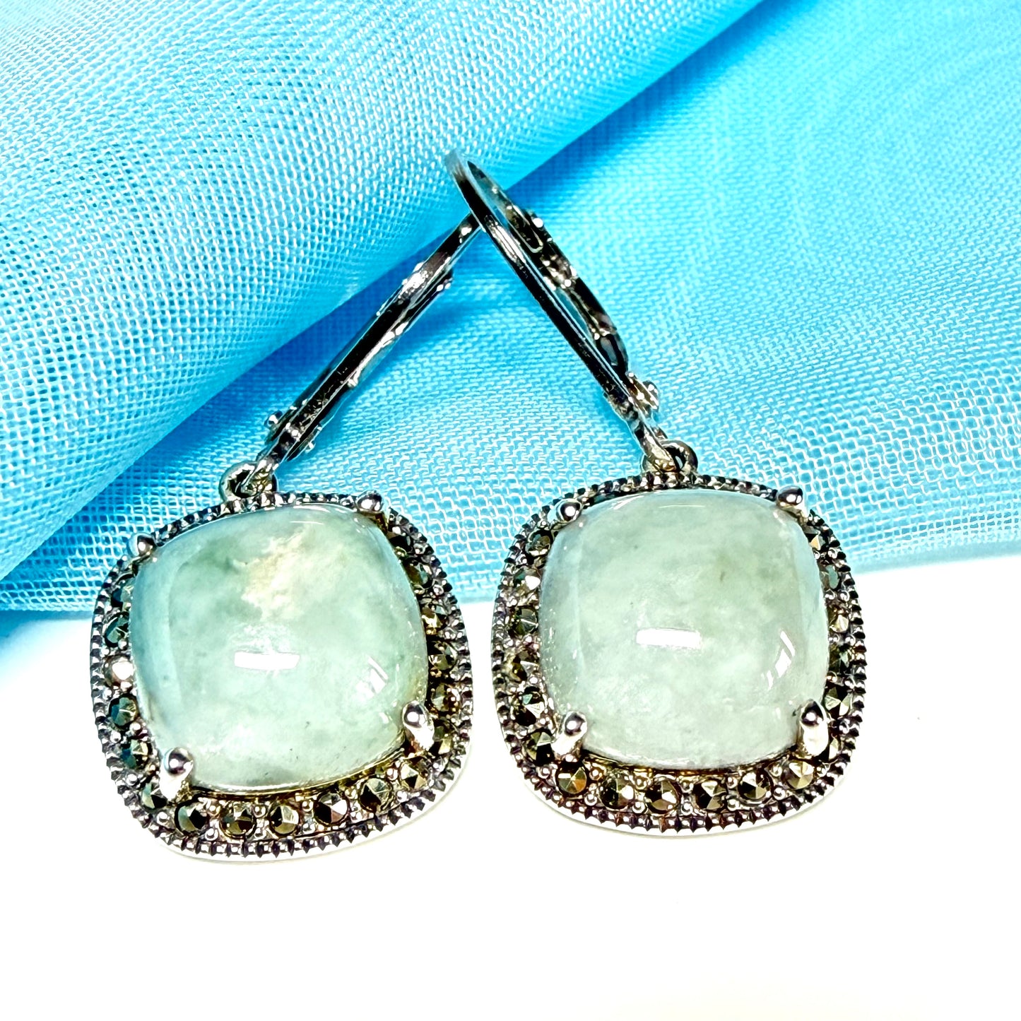 Green jade and marcasite silver cushion shaped drop earrings