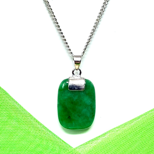Green jade cushion shaped silver necklace pendant