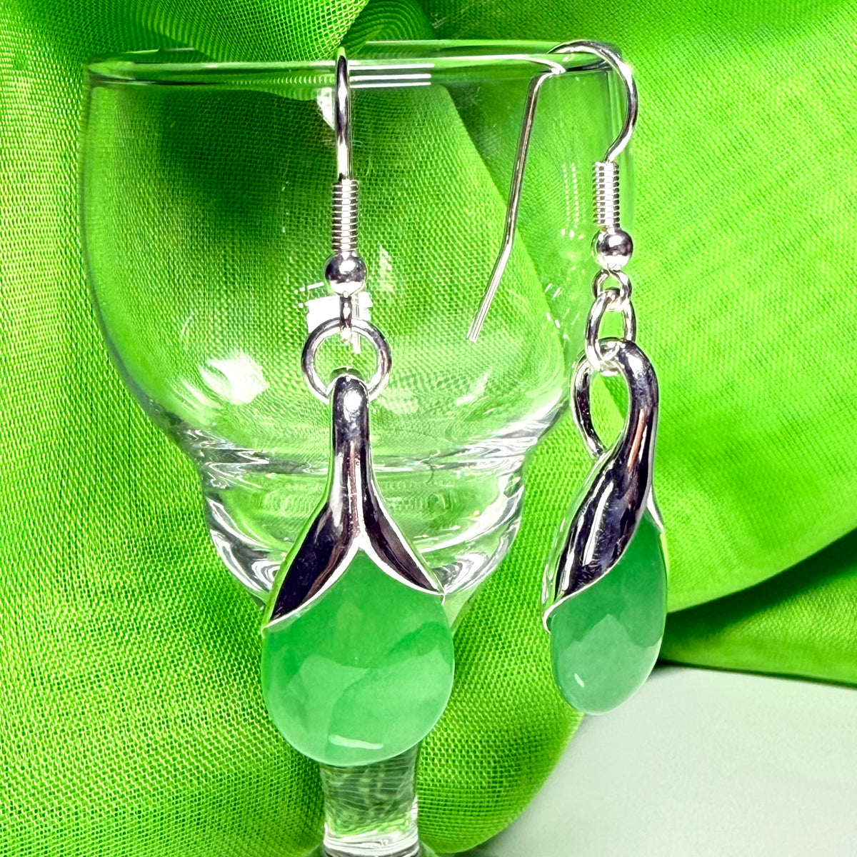 Green jade pear tear drop sterling silver shaped dropped earrings