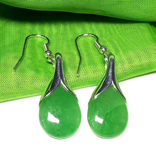 Green jade pear tear drop sterling silver shaped dropped earrings