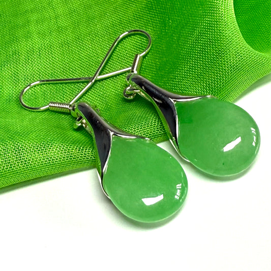 Green jade tear drop sterling silver pear shaped drop earrings